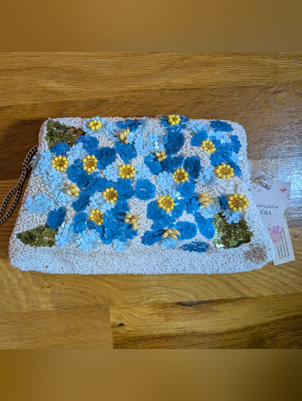 Viral Beaded Floral Clutch with Blue and Yellow Flowers